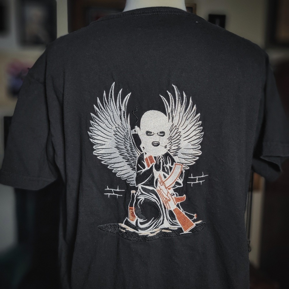 Tokes Graphic T-Shirt Black Embroidered Angel Balaclava AK47 Rose Streetwear L